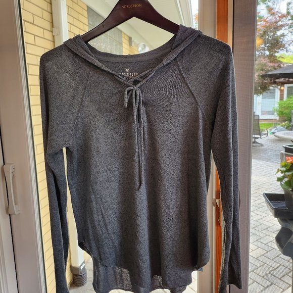 Soft Long Sleeve Lace Up Top with Hood - Picture 1 of 3